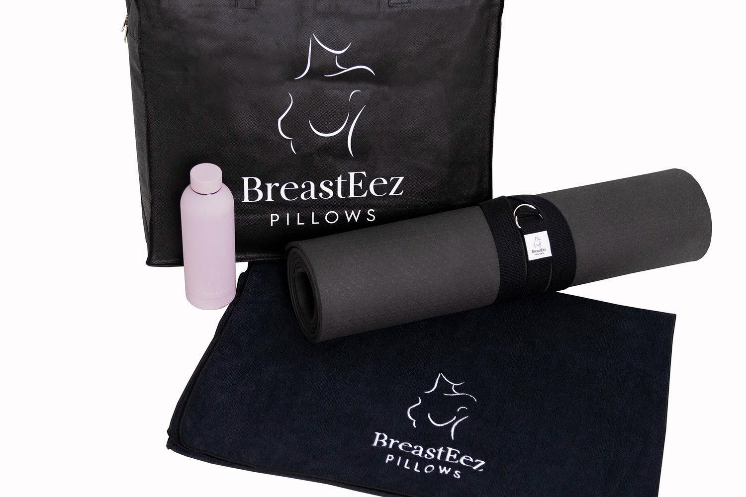 BreastEez product range including support pillow carry bag, yoga mat and towel and drink bottle health products
